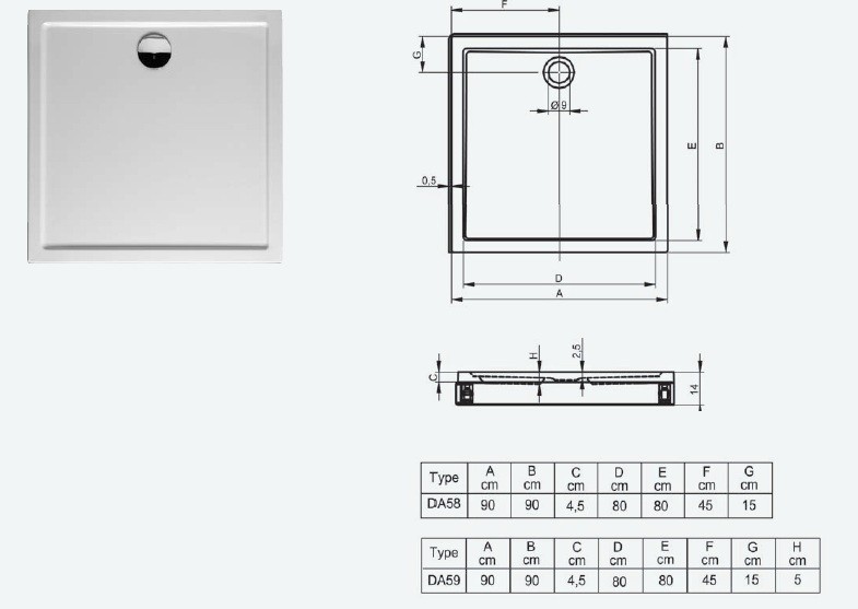 Riho Zurich model 250 brodzik kwadratowy płaski 90x90 DA58