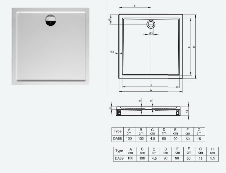 Riho Zurich model 260 brodzik kwadratowy płaski 100x100 DA68