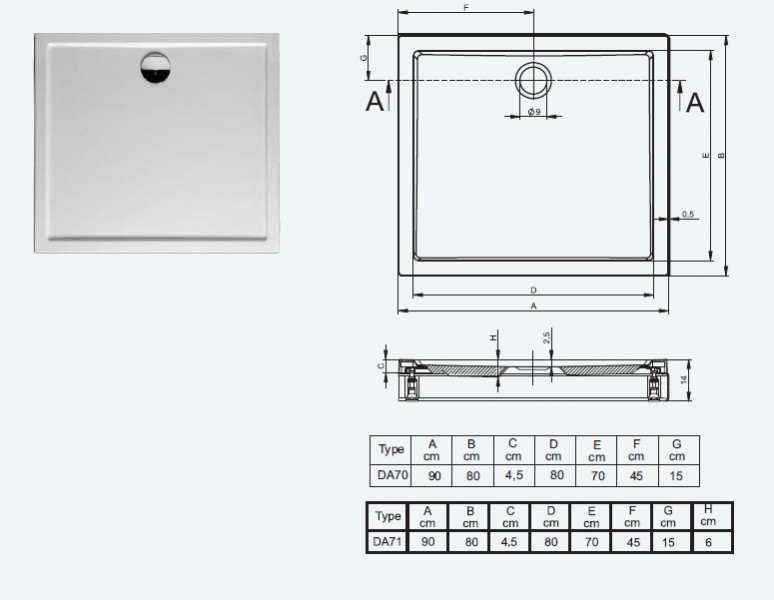 Riho Zurich model 270 brodzik prostokątny płaski 90x80 DA70