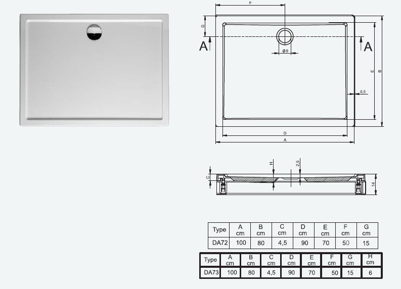 Riho Davos model 273 brodzik prostokątny płaski 100x80 z nogami i panelem DA73