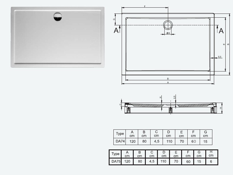Riho DAVOS model 275 brodzik prostokątny płaski 120x80 z nogami i panelem DA75