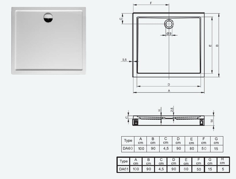 Riho Davos model 253 brodzik prostokątny płaski 100x90 z nogami i panelem DA61