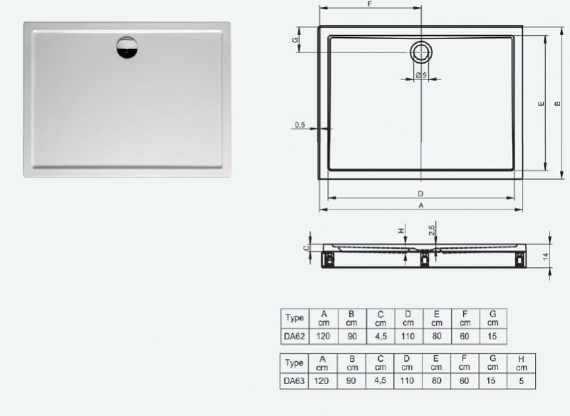Riho Zurich model 254 brodzik prostokątny płaski 120x90 DA62