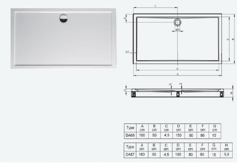 Riho Davos model 259 brodzik prostokątny płaski 160x90 z nogami i panelem DA67