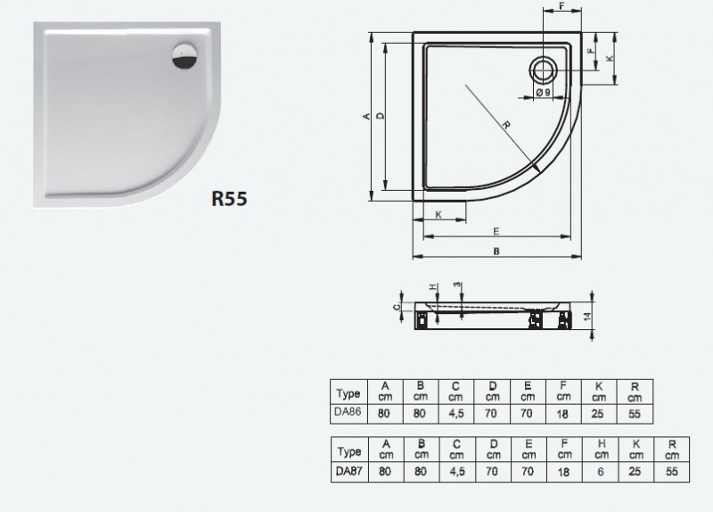 Riho Zurich model 278 brodzik półokrągły płaski 80x80 DA86