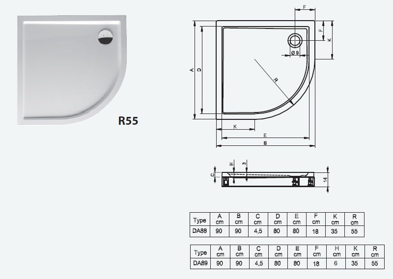 Riho Davos model 281 brodzik półokrągły płaski 90x90 z nogami i panelem DA89