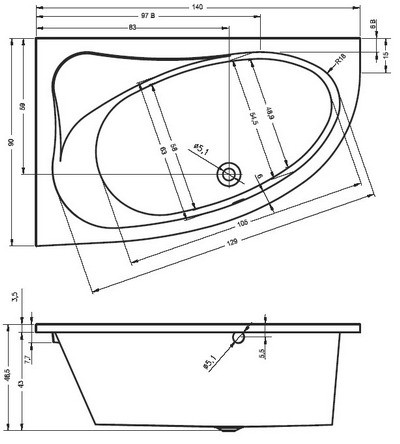 Riho Aryl wanna asymetrycza 140x90 prawa BA65