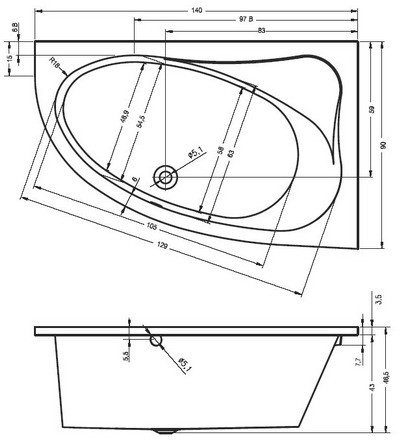 Riho Aryl wanna asymetrycza 140x90 lewa BA66