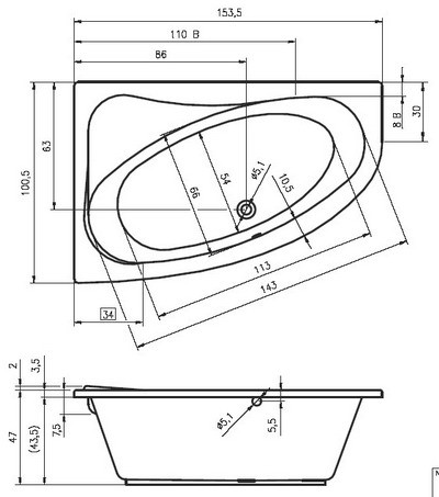 Riho Aryl wanna asymetrycza 153,5x100 prawa BA67