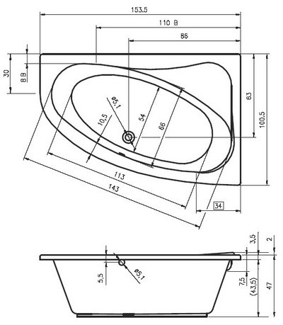 Riho Aryl wanna asymetrycza 153,5x100 lewa BA68