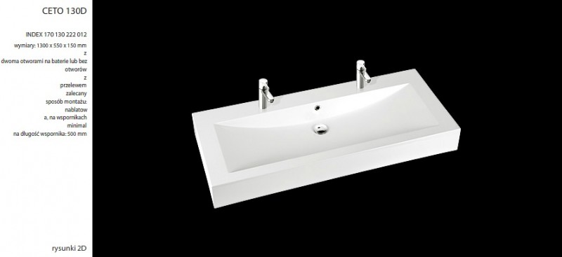 Marmorin Ceto 130 umywalka z 2 otworami 130x55 cm Mineralicast 170 130 022 011