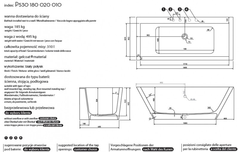 Marmorin Tebe I wanna wolnostojąca 180x80 Mineralicast P 530 180 020 010