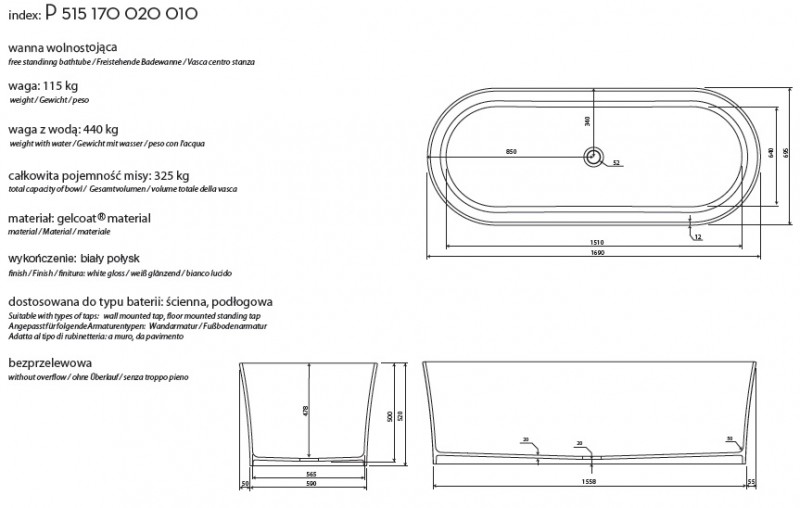Marmorin Wega wanna wolnostojąca 170x70 Mineralicast P 515 170 020 010