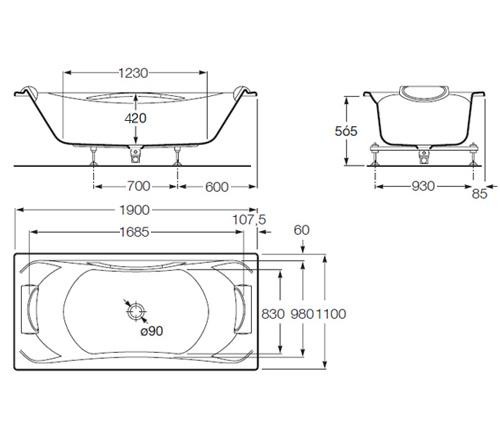 Roca BeCool wanna prostokątna dwuosobowa 190x110 z nogami A247989001