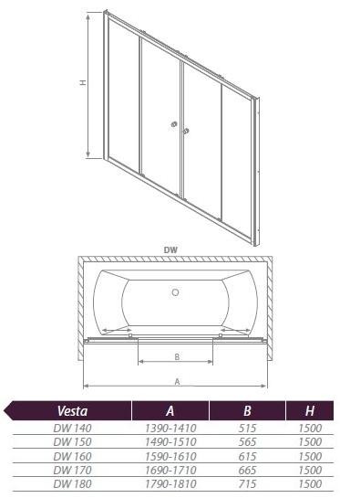 Radaway Vesta DW zabudowa nawannowa 140cm chrom przeźroczyste 203140-01