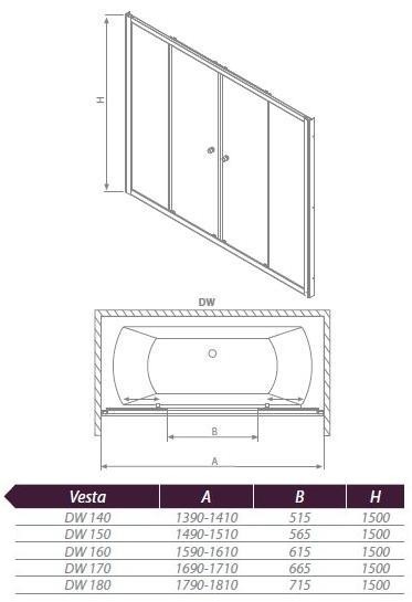 Radaway Vesta DW zabudowa nawannowa 170cm chrom przeźroczyste 203170-01