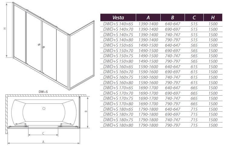 Radaway Vesta S ścianka nawannowa 75cm do kompletowania z drzwiami nawannowymi przesuwnymi Vesta DW chrom przeźroczyste 204075-01