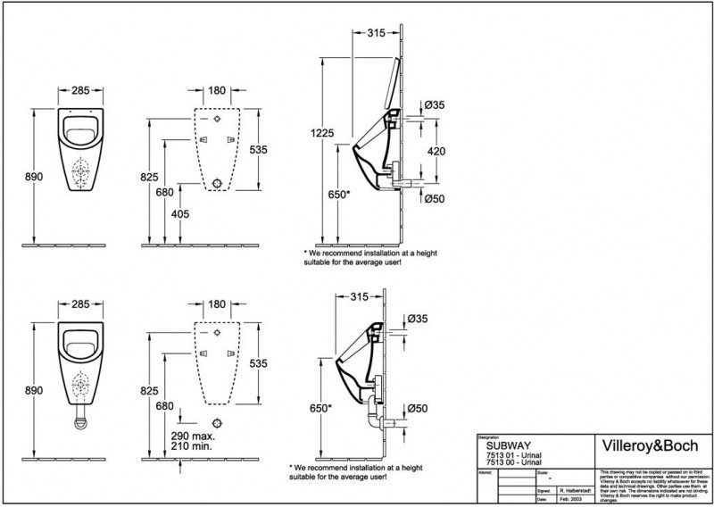 Villeroy&Boch Subway pisuar bez pokrywy biały weiss alpin ceramicplus 751300R1