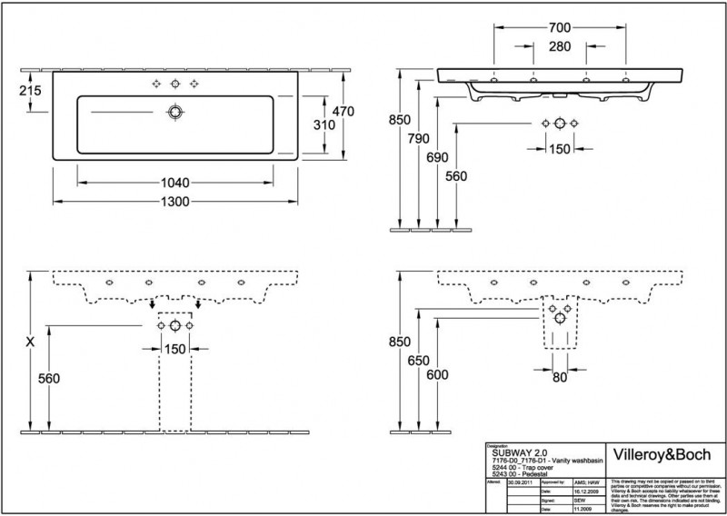 Villeroy&Boch Subway 2.0 umywalka meblowa 130cm biała weiss alpin 7176D001
