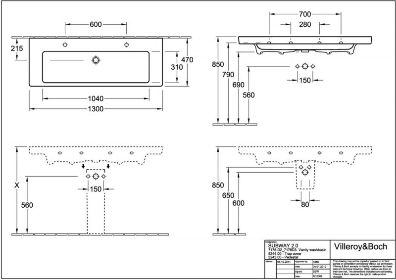 Villeroy&Boch Subway 2.0 umywalka meblowa 130cm biała weiss alpin 7176D201