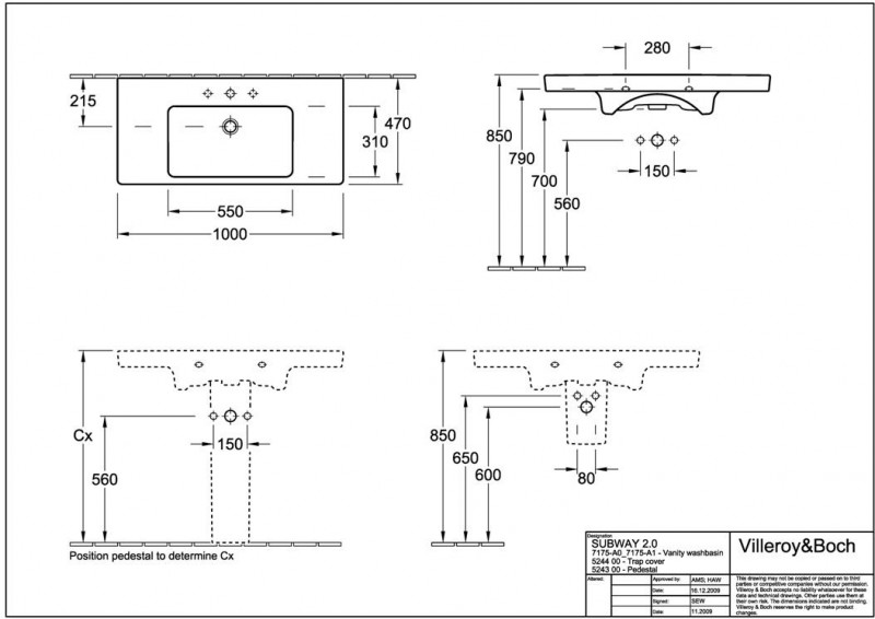 Villeroy&Boch Subway 2.0 umywalka meblowa 100cm biała weiss alpin 7175A001