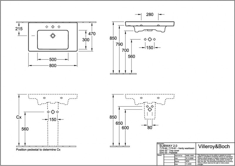 Villeroy&Boch Subway 2.0 umywalka meblowa 80cm biała weiss alpin ceramicplus 717580R1