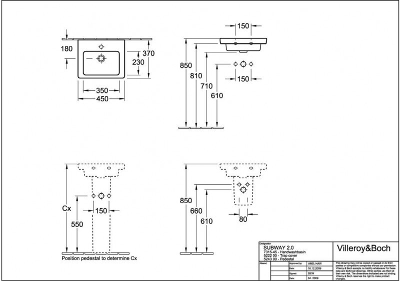 Villeroy&Boch Subway 2.0 umywalka mała 45cm 45x37 biała weiss alpin ceramicplus 731545R1