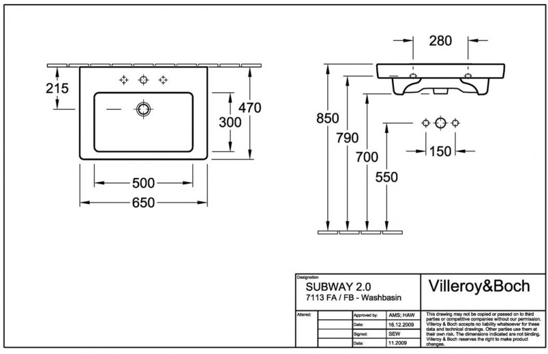 Villeroy&Boch Subway 2.0 umywalka meblowa 65cm 65x47 biała weiss alpin 7113FA01