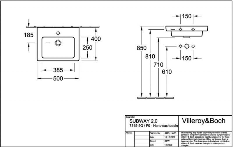 Villeroy&Boch Subway 2.0 umywalka meblowa mała 50cm 50x40 biała weiss alpin 7315F001