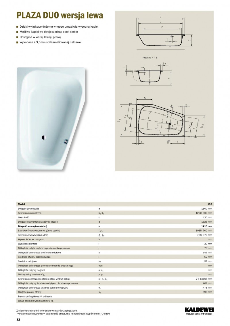 Kaldewei Plaza Duo wanna asymetryczna lewa 180x120 biały model 192 2372 0001 0001