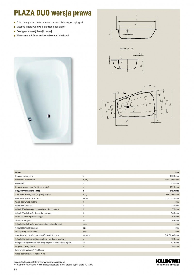 Kaldewei Plaza Duo wanna asymetryczna prawa 180x120 biały model 190 237000010001