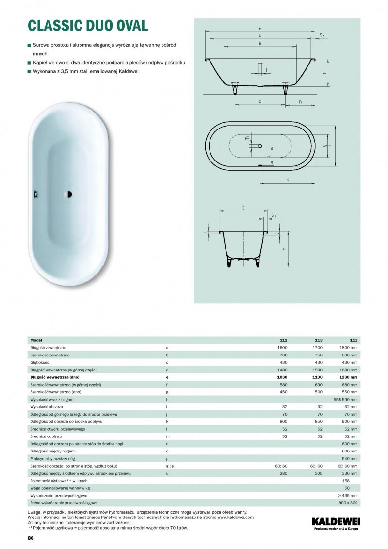 Kaldewei Classic Duo Oval wanna owalna 180x80 model 111 2912 0001 0001