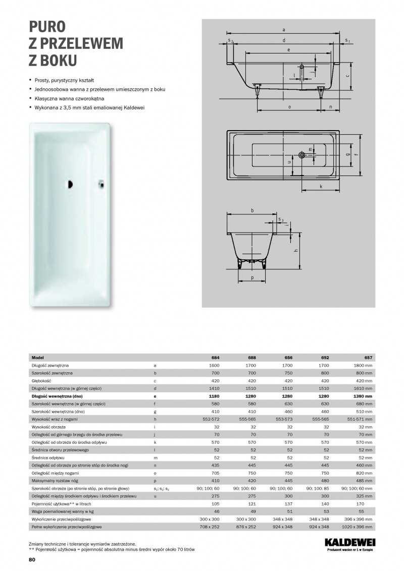 Kaldewei Puro wanna prostokątna z przelewem z boku 160x70 model 684 2584 0001 0001