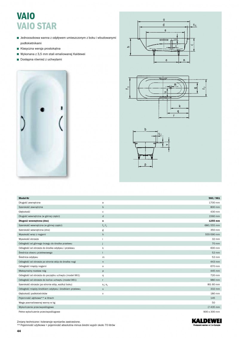 Kaldewei Vaio wanna prostokątna 170x80 model 960 2340 0001 0001
