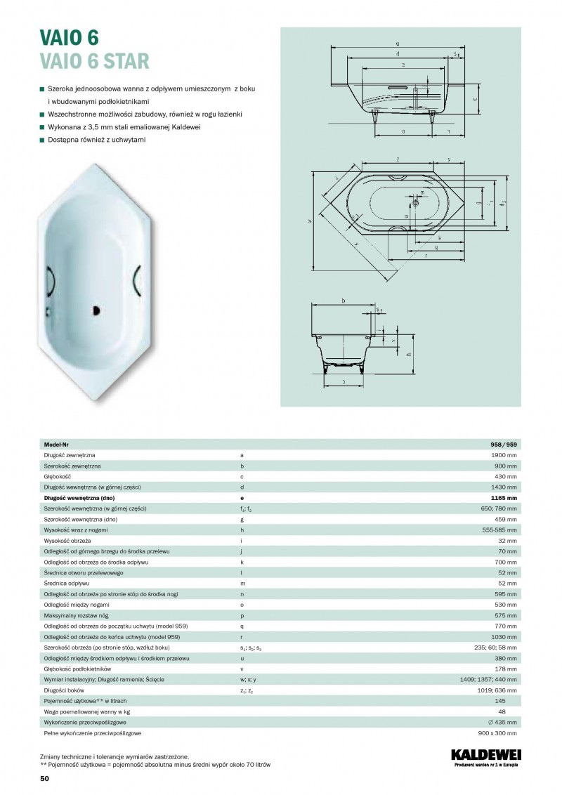Kaldewei Vaio 6 Star wanna sześciokątna z otworami na uchwyty 190x90 model 959 2339 0001 0001