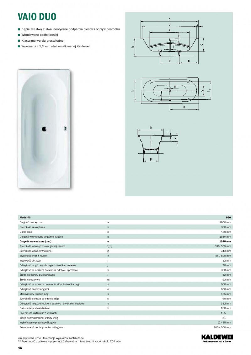 Kaldewei Vaio Duo wanna prostokątna 180x80 model 950 2330 0001 0001