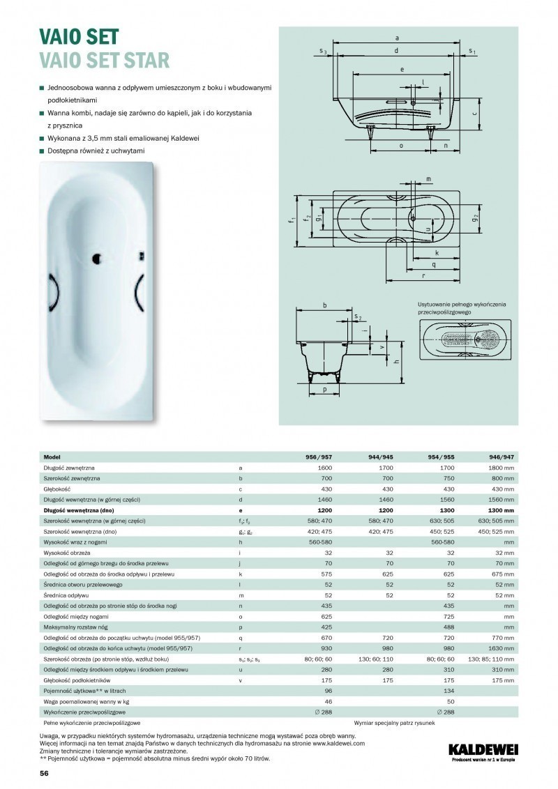Kaldewei Vaio Set Star wanna prostokątna z otworami na uchwyty 180x80 model 947 2347 0001 0001