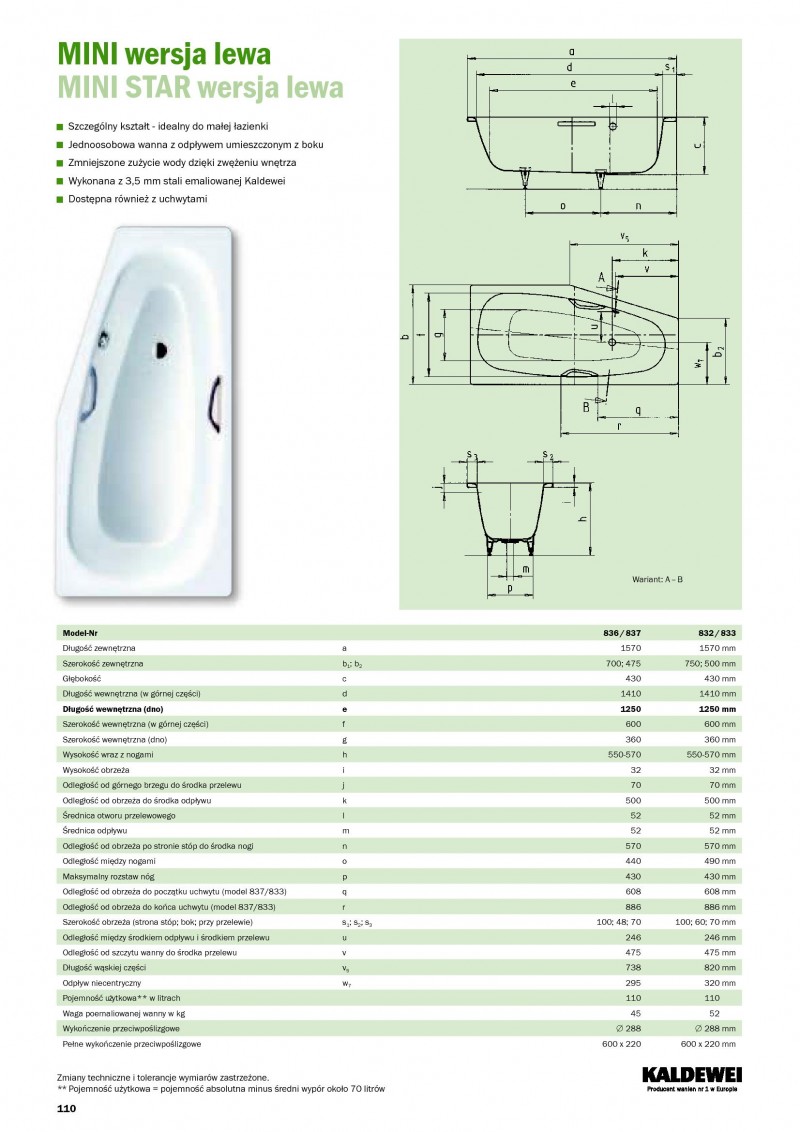 Kaldewei Mini wanna asymetryczna lewa 157x70 biały model 836 2252 0001 0001