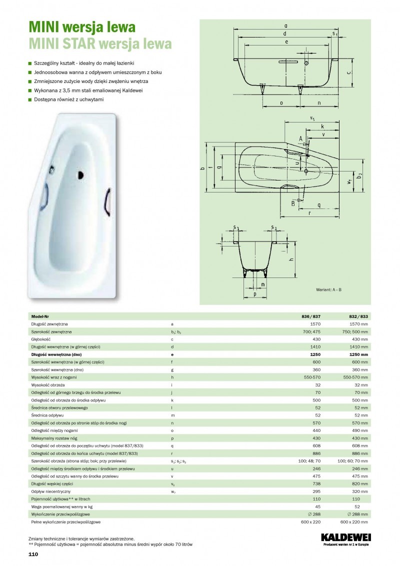 Kaldewei Mini wanna asymetryczna lewa z otworami na uchwyty 157x70 biały model 837 2253 0001 0001