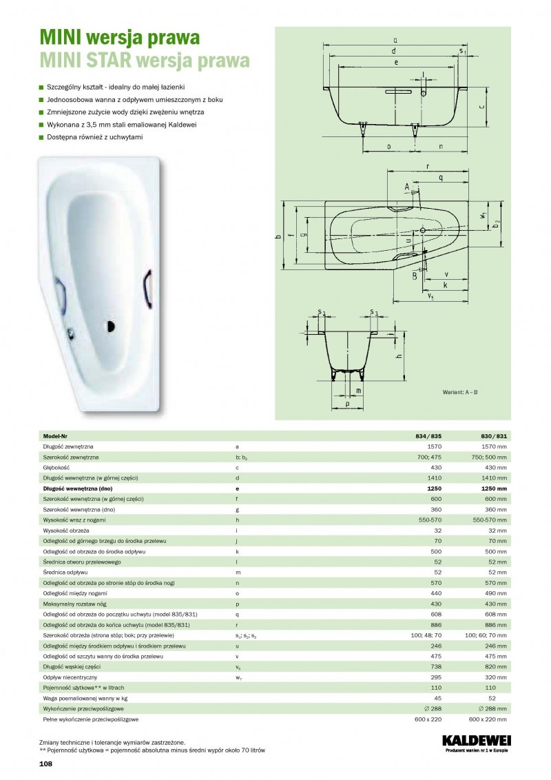 Kaldewei Mini wanna asymetryczna prawa 157x75 biały model 830 2246 0001 0001