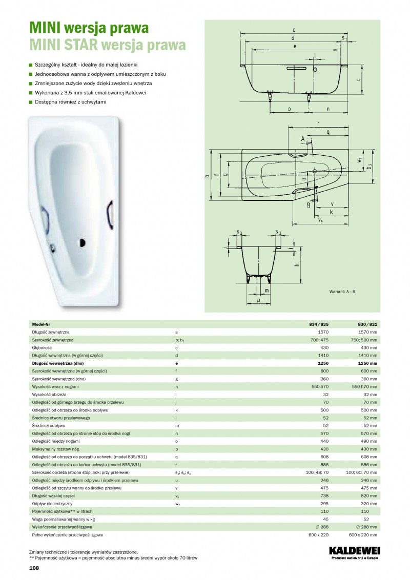 Kaldewei Mini wanna asymetryczna prawa z otworami na uchwyty 157x70 biały model 835 2245 0001 0001