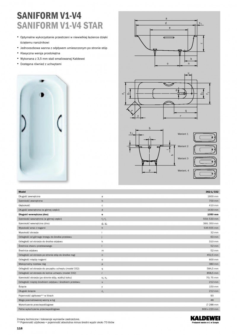 Kaldewei Saniform V1 wanna prostokątna 160x70 model 362-1 1921 0001 0001