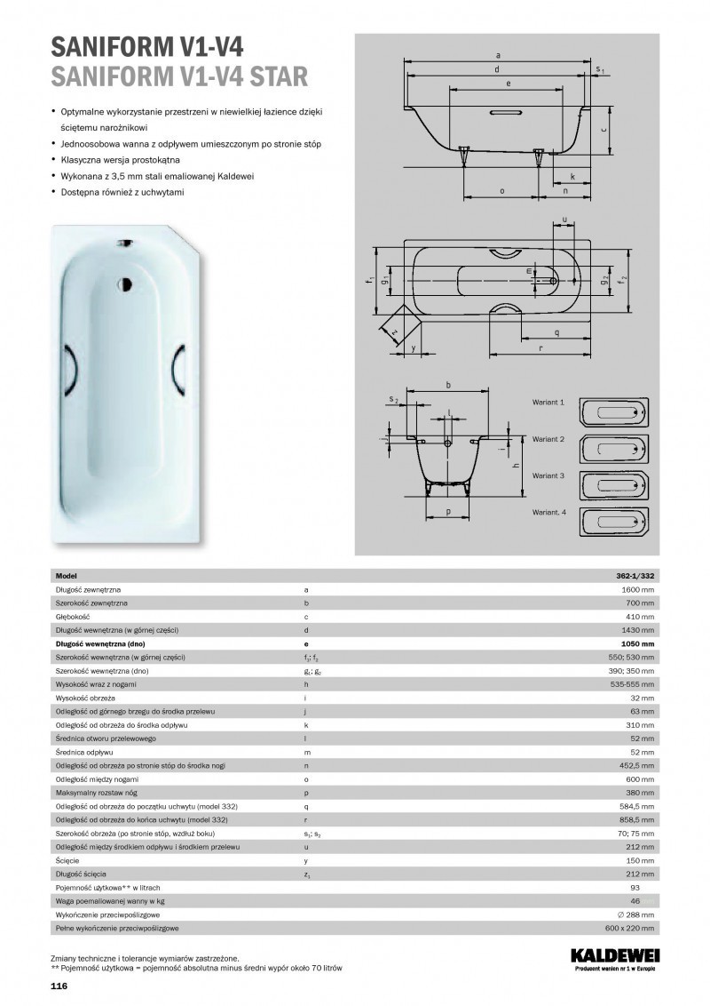Kaldewei Saniform V2 Star wanna prostokątna z otworami na uchwyty 160x70 model 332 1341 0001 0001