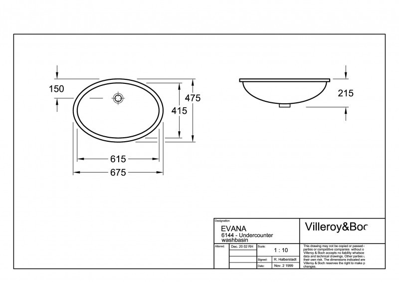 Villeroy&Boch Evana umywalka podblatowa 61,5cm 61,5x41,5 biała weiss alpin ceramicplus 614400R1