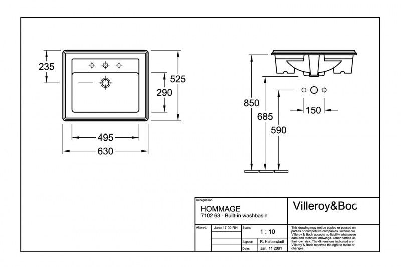 Villeroy&Boch Hommage umywalka wpuszczana w blat 63cm 63x52,5 biała weiss alpin ceramicplus 710263R1