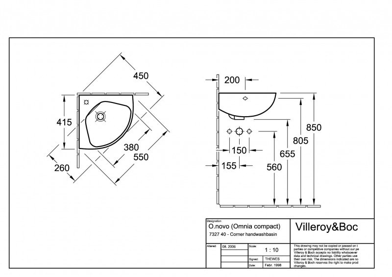 Villeroy&Boch O.Novo Compact umywalka narożna mała 41,5x41,5 biała weiss alpin 73274001