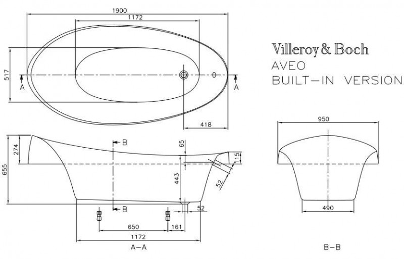 Villeroy&Boch Aveo wanna owalna 190x95 + nogi biała weiss alpin UBQ 194 AVE 7V-01