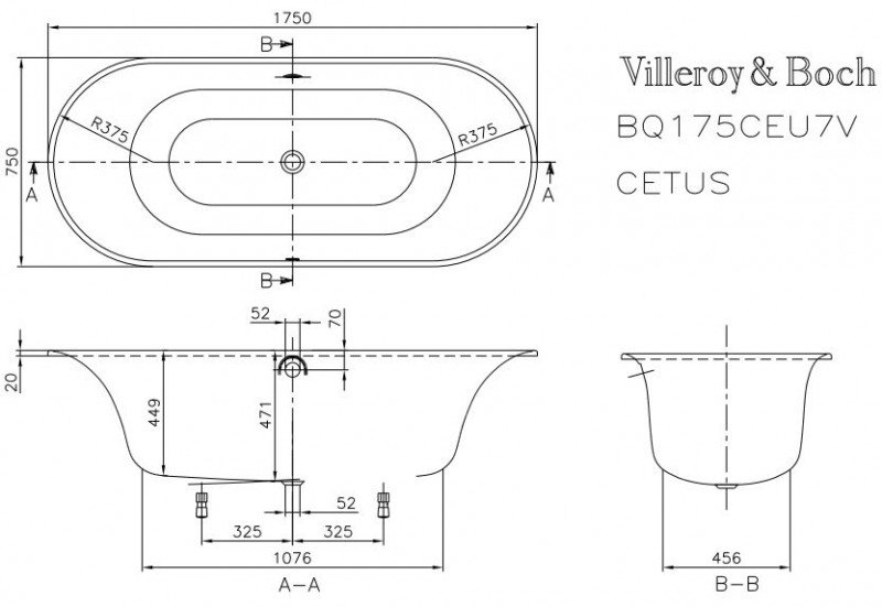 Villeroy&Boch Cetus Duo wanna owalna 175x75 + nogi biała weiss alpin UBQ 175 CEU 7V-01