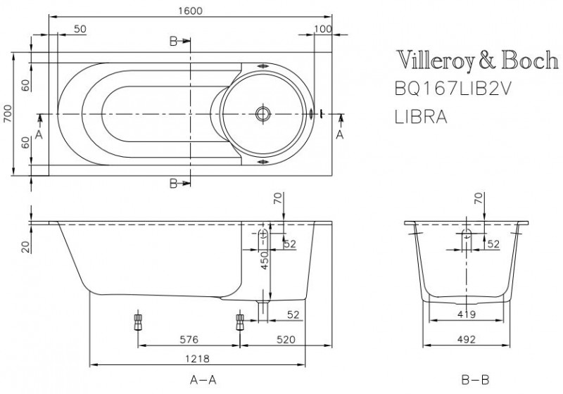 Villeroy&Boch Libra Solo wanna prostokątna 160x70 biała weiss alpin UBQ 167 LIB 2V-01