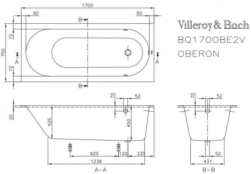 Villeroy&Boch Oberon Solo wanna prostokątna 170x75 biała weiss alpin UBQ170OBE2V-01